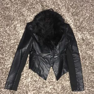 Leather faux fur collar jacket